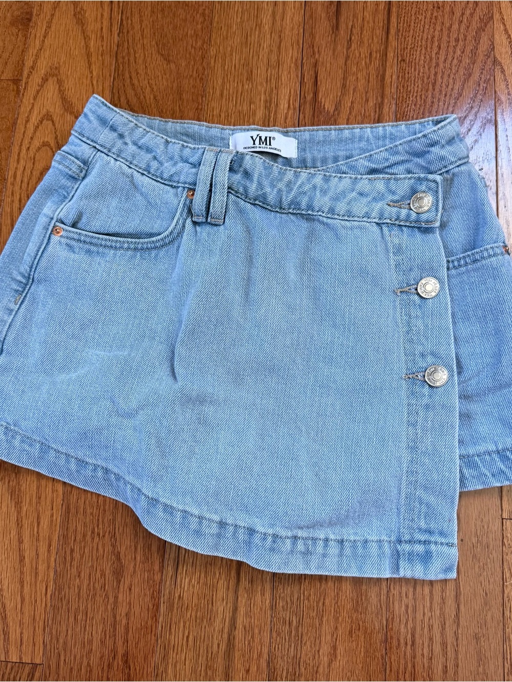 YMI Light Wash Denim Skort with Side Button Details